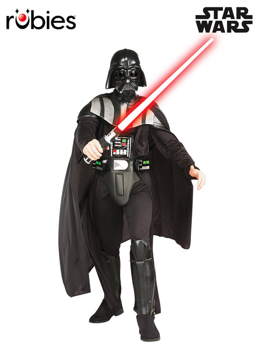 Rubies licensed Star Wars Darth Vader adult costume promotional image; lightsaber and shoes not included