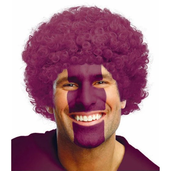 Adult wearing a burgundy curly afro-style costume wig suitable for kids and adults