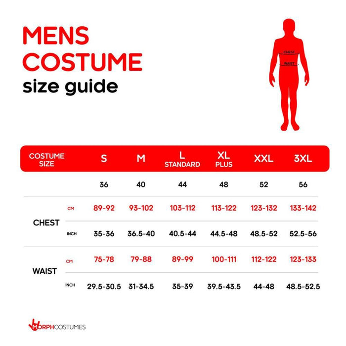 Men’s costume size chart: Large chest 103–112 cm and waist 89–99 cm