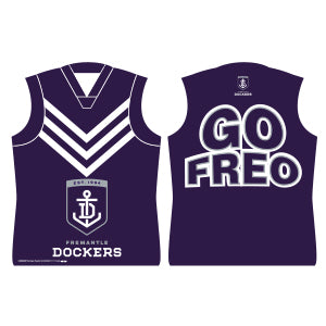Front and back of purple Fremantle Dockers AFL guernsey mobile with GO FREO design
