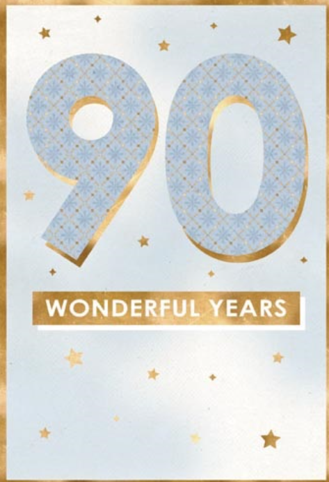 90th birthday card with a large pale blue number 90, gold-coloured stars and Wonderful Years wording.