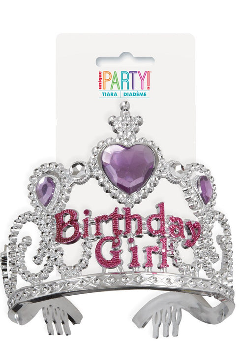 Silver Birthday Girl tiara with purple heart gems and glitter lettering