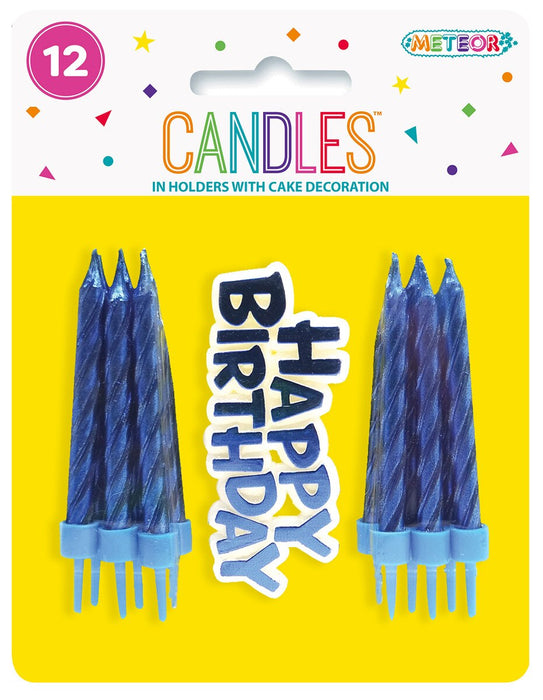 Blue Metallic Birthday Candles with Holders & Happy Birthday Decoration 12 Pack