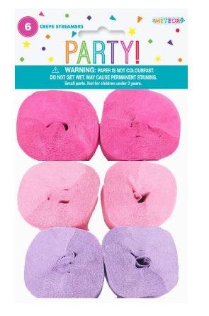 6 Crepe Streamers - Hot Pink, Light Pink And Lilac