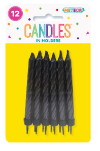 Metallic Black Candles 12 Pack With Holders
