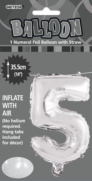 Silver "5" Numeral Foil Balloon 35cm