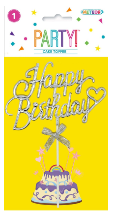 Silver Happy Birthday Cake Topper With Bow