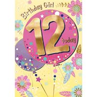 Birthday Girl 12 Today With Balloons & Flowers Birthday Card