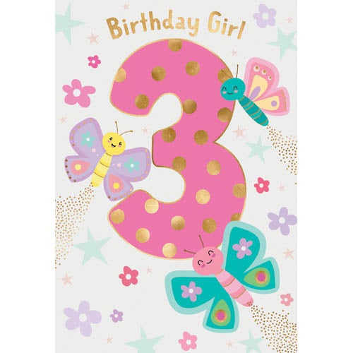 Birthday Card Girl 3 Pink With Butterflies