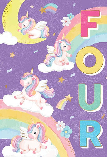 Deluxe Happy 4th Birthday Card With Unicorns