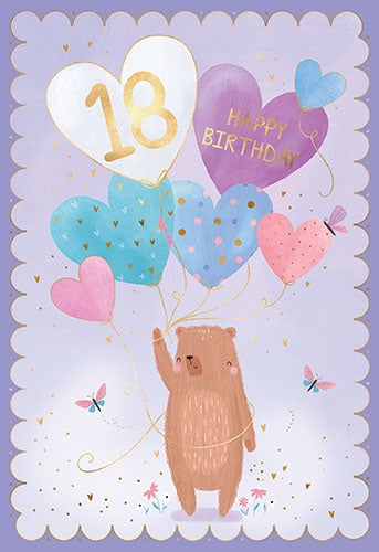 Deluxe Happy 18th Birthday Card With Bear Holding Heart Balloons