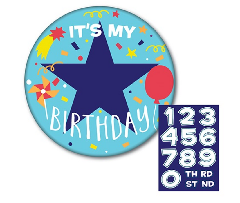 10 cm Blue Birthday Badge with Changable Age
