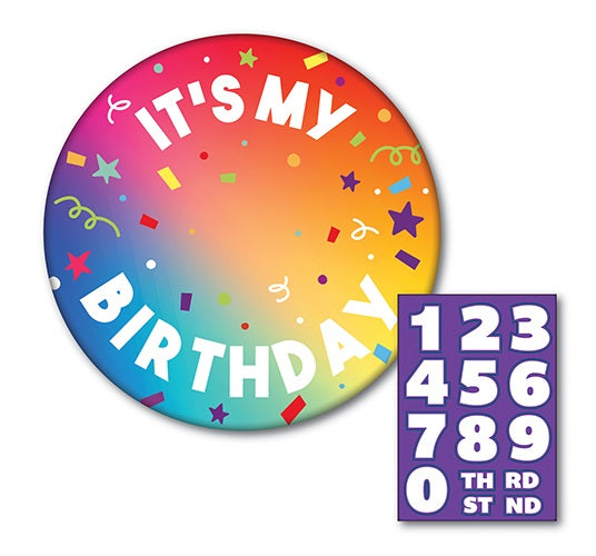 10 cm Rainbow Birthday Badge with Changeable Age