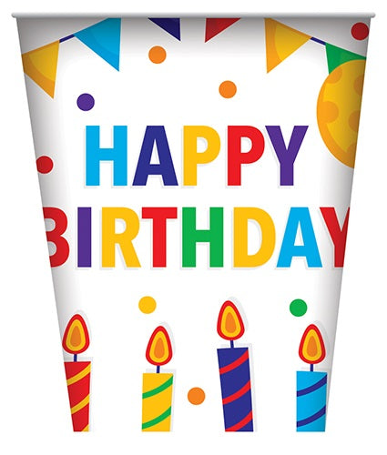 Happy Birthday Paper Party Cups 8Pk/270ml