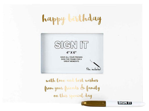 Happy Birthday White With Gold Writing Edition Sign It Frame Block