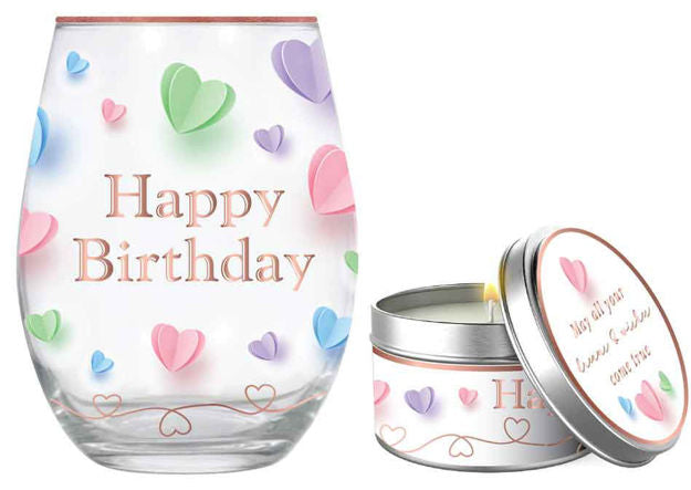 Happy Birthday Gift Set Coffee Mug & Candle With Coloured Hearts