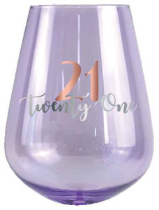 21st Purple Stemless Wine Glass Rose Gold Decal 600ml