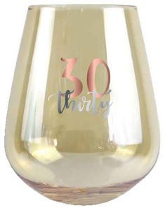 30th Champagne Stemless Wine Glass Rose Gold Decal 600ml
