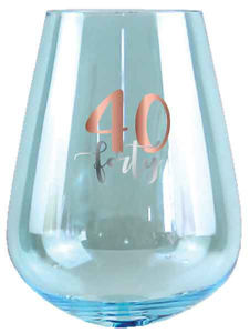 40th Blue Stemless Wine Glass Rose Gold Decal 600ml