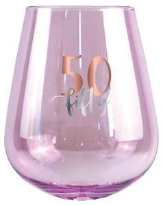 50th Pink Stemless Wine Glass Rose Gold Decal 600ml