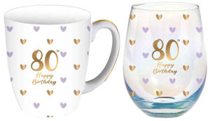 80th Sweet Heart Mug & Stemless Glass Gift Set