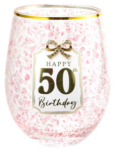 Happy 50th Birthday Pretty Bow Stemless Glass 560ml