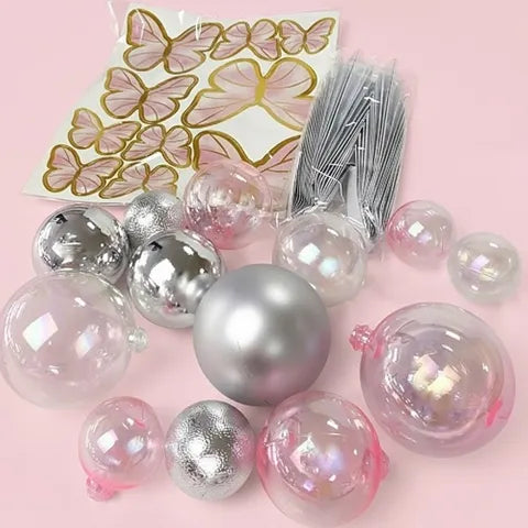 Pink, Clear And Silver Deco Ball, Fan And Butterfly Topper Set 27 Pieces