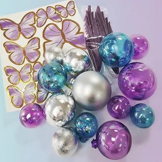 Blue, Purple And Silver Deco Ball, Fan And Butterfly Topper Set 27 Pieces
