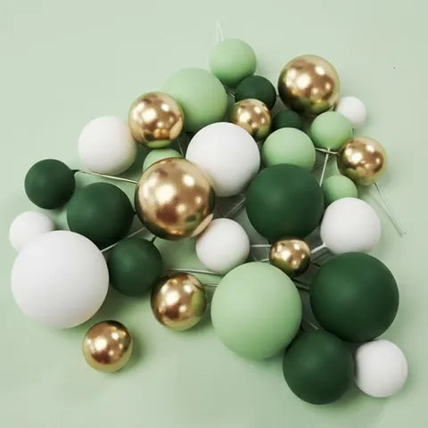 Green,White & Gold Foam Ball Toppers 32Pcs