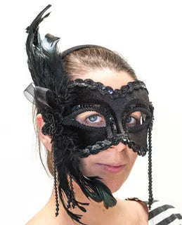 Black Feather With Sequins Masquerade Mask
