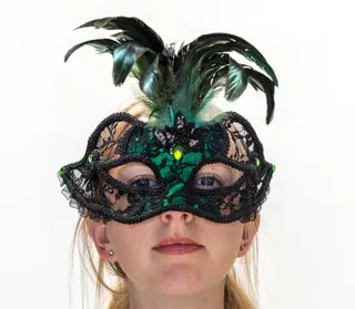Emerald Green/Black Lace Feather Masquerade Mask