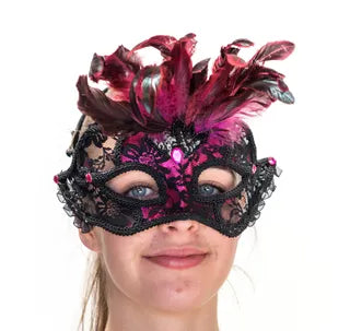 Black/Pink Lace Feather Masquerade Mask