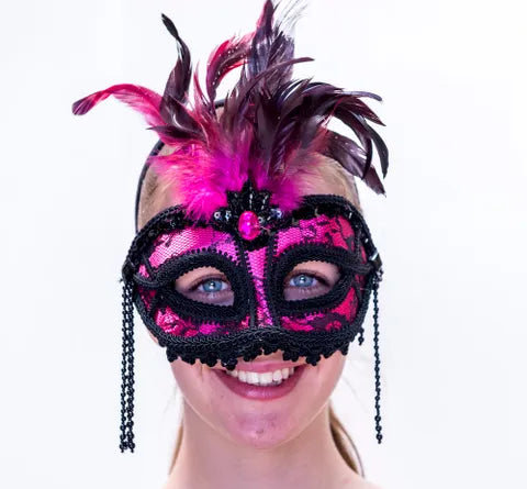Pink/Black Lace Feather Masquerade Mask