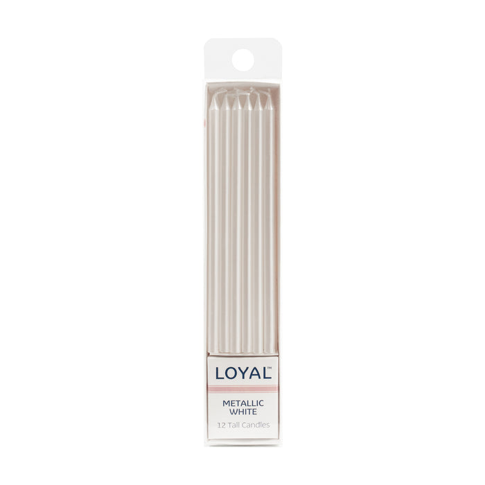 Tall Metallic White Candles 12pc