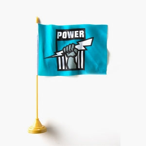 Port Adelaide Power teal AFL desk flag on a gold-coloured pole and base
