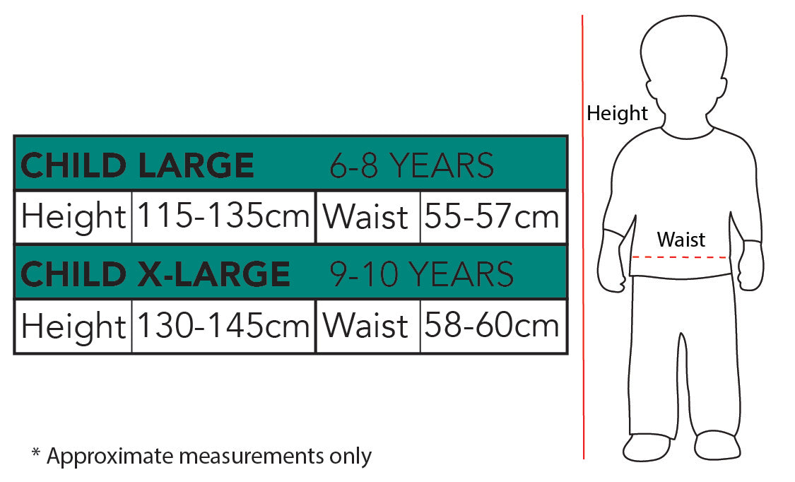 Alien costume size chart: 6–8 years height 115–135 cm waist 55–57 cm; 9–10 years height 130–145 cm waist 58–60 cm