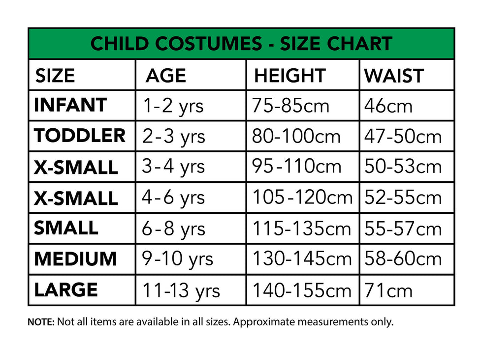 Rubies mascot child costume size chart: Toddler 2–3 years, height 80–100 cm and waist 47–50 cm