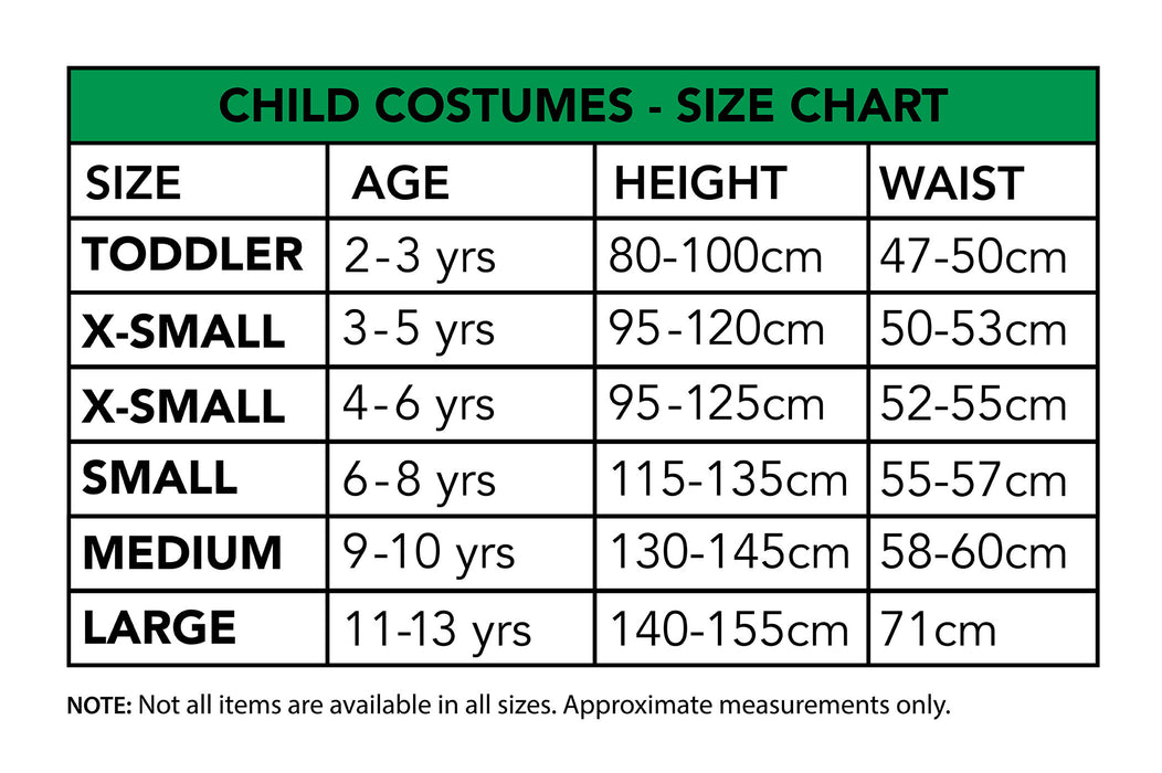 Child costume size chart: Toddler 2–3 years, approximate height 80–100 cm and waist 47–50 cm