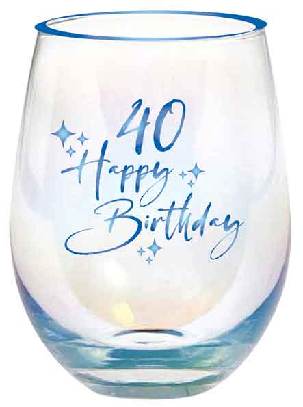 40th Blue Foil Decal Stemless Wine Glass 600ml