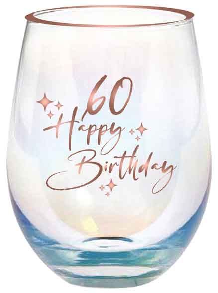 60th Rose Gold Foil Decal Stemless Wine Glass 600ml