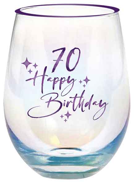 70th Purple Foil Decal Stemless Wine Glass 600ml