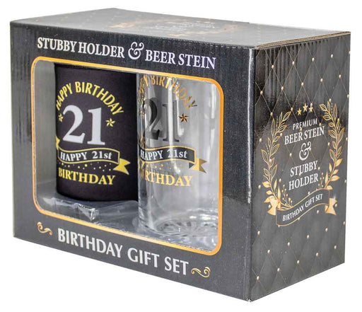 Premium Beer Stein & Stubby Holder Gift Set ''Happy 21st Birthday''