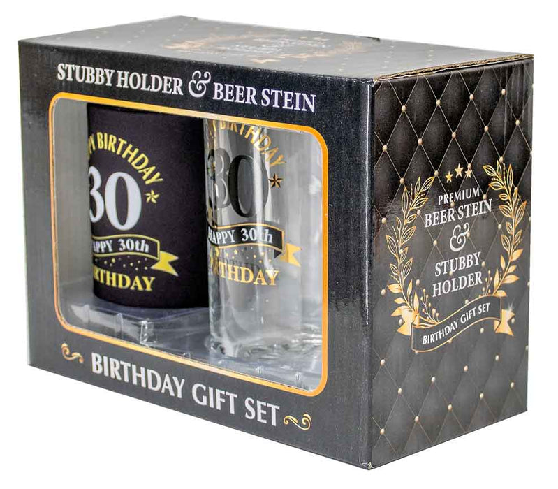 Premium Beer Stein & Stubby Holder Gift Set ''Happy 30th Birthday''
