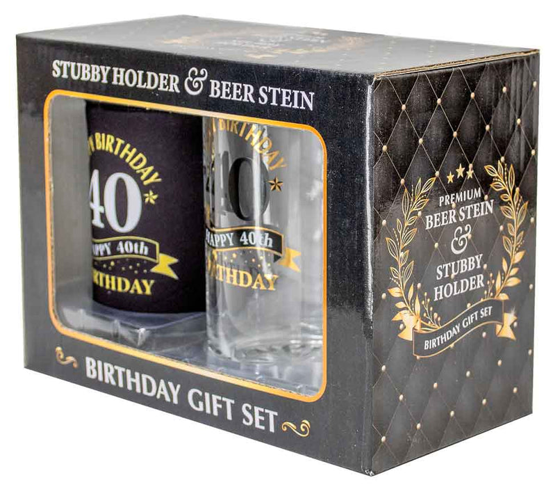 Premium Beer Stein & Stubby Holder Gift Set ''Happy 40th Birthday''