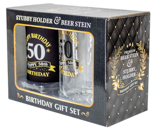 Premium Beer Stein & Stubby Holder Gift Set ''Happy 50th Birthday''
