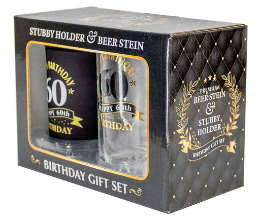 Premium Beer Stein & Stubby Holder Gift Set ''Happy 60th Birthday''