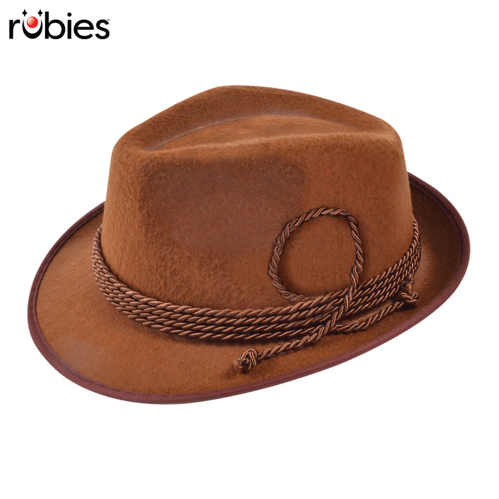 Brown brushed felt Oktoberfest hat with tapered crown and decorative rope cord detail