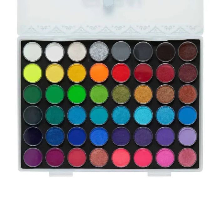 Global Colours All You Need Sampler showing 48 mini face and body paint pots with UV neon, bold matte and shiny pearl colours