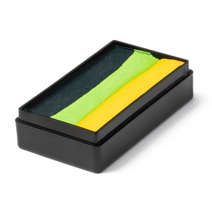 Global Colours Leafy Greens One Stroke face paint cake with dark green, lime green and yellow colour stripes