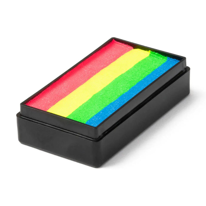 Global Colours Rainbow Glow UV One Stroke face paint cake with neon pink, neon yellow, neon green and neon blue colour stripes